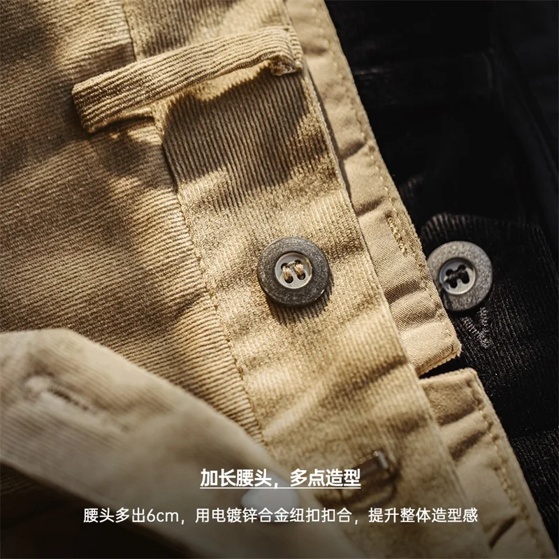 Maden Retro Khaki Corduroy Pants Elastic Waist Casual Straight-leg Long Pants Versatile Loose Fit Trousers for Spring and Autumn