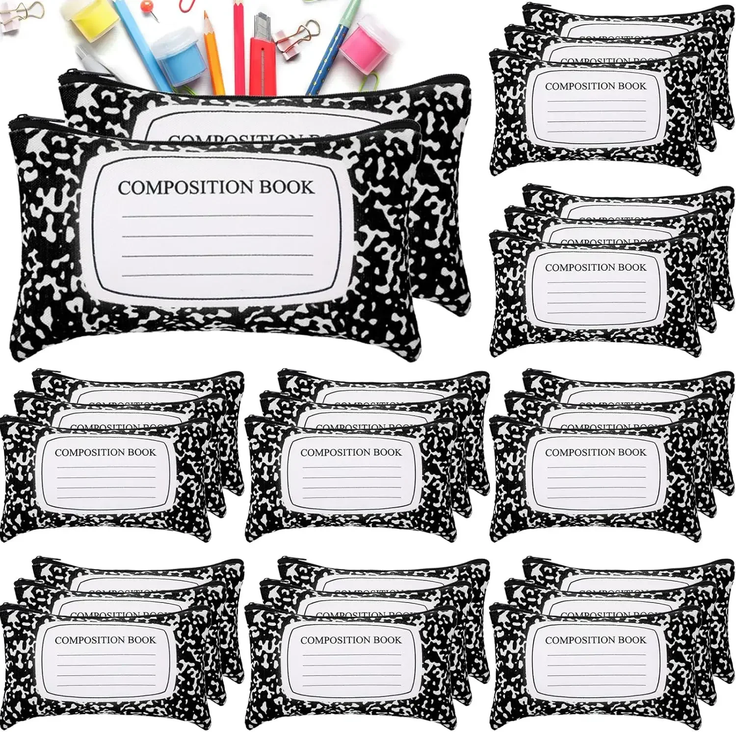 

24 Pcs Composition Book Pencil Pouches Canvas Zipper Pencil Case Pen Bags Bulk Welcome Back to School Composition Book