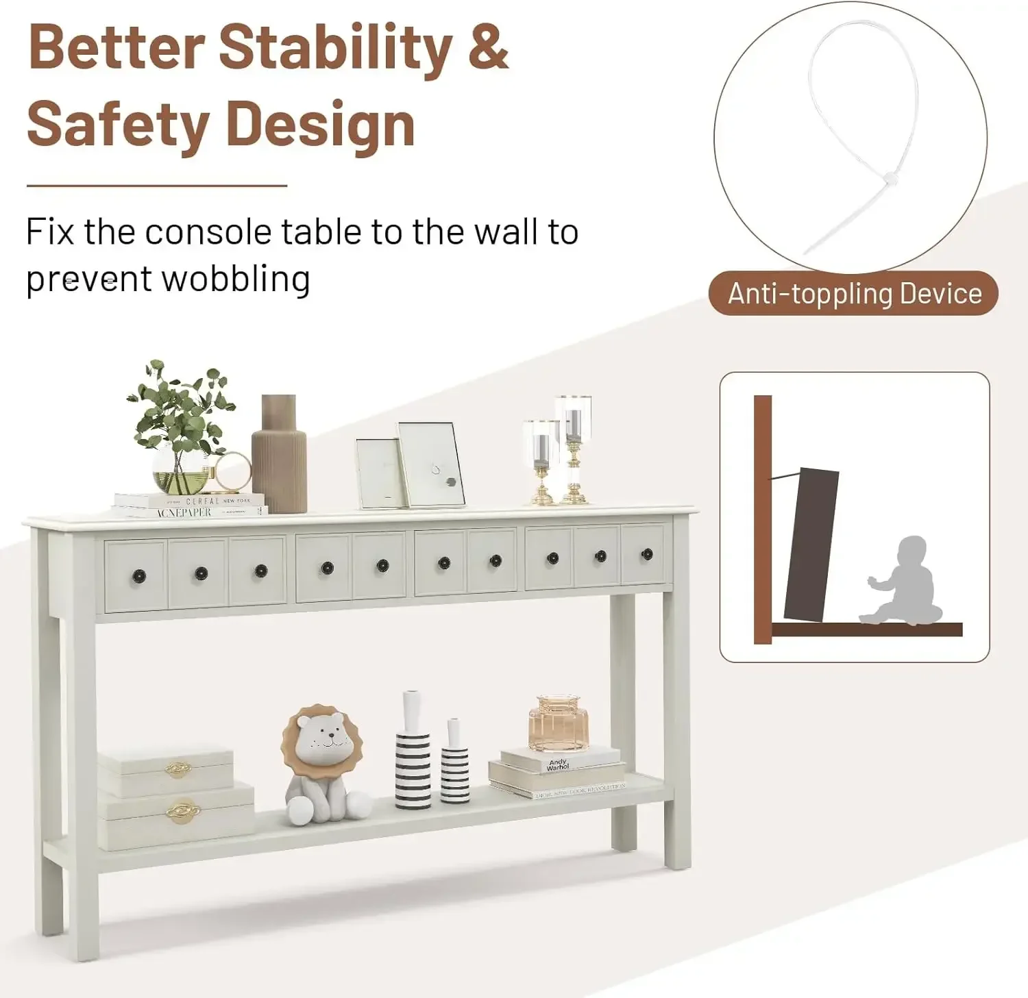 [Новое поступление, купите сейчас! ] Консольный столик с местом для хранения — приставной столик для дивана длиной 60 дюймов с 4 ящиками и открытой полкой, ножки из массива дерева, прямоугольник