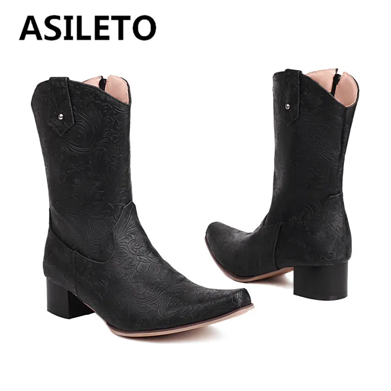 

ASILETO Women Ankle Western Boots Square Toe Chunky Heels 4.5cm Slip On Embroider Large Size 48 49 80 Casual Daily Lady Booty