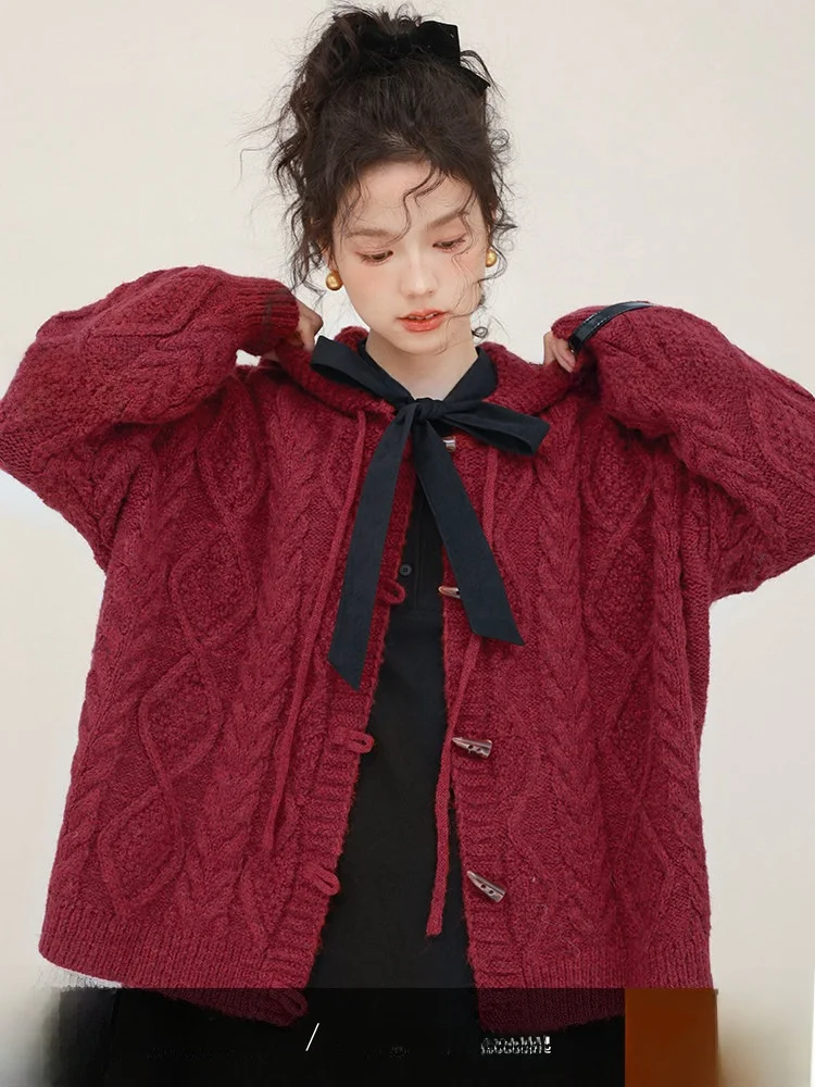 

CHACHASTU Thiened вязаный красный свитер пальто женский осенне-зимний открытый кардиган на пуговицах длинный свеч с капюшоном