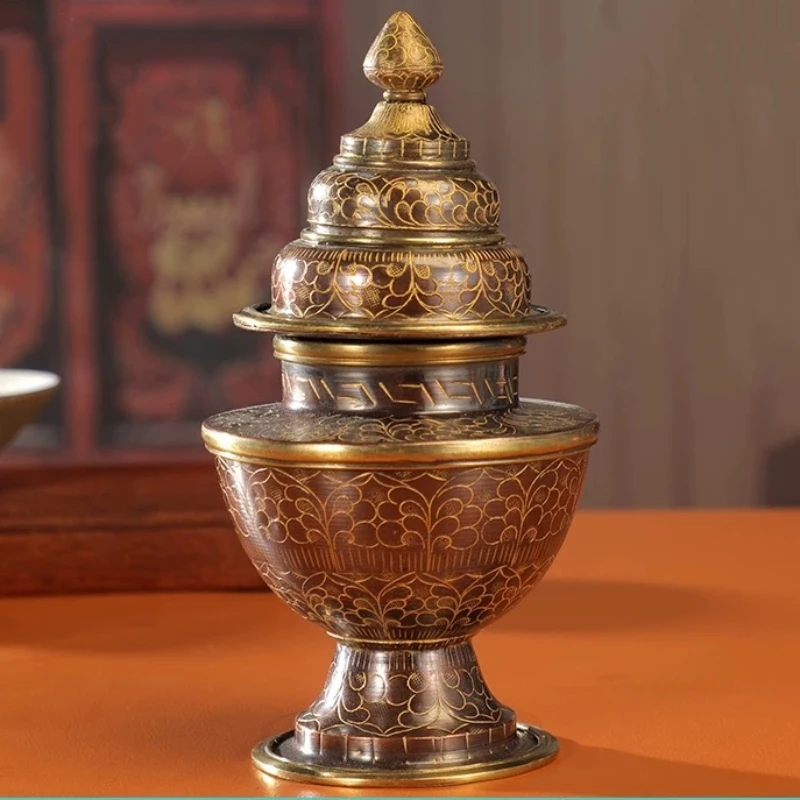Nepal Rice Bottle ,Brown Copper Handicraft Tibetan Spices Three layers Storage Bottle,Buddhist Altars Religious Item,18 cm