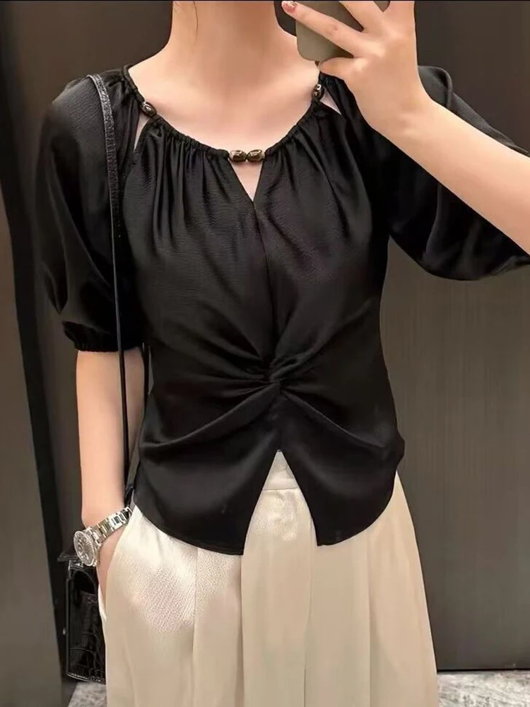 French design pleated satin short sleeved round neck shirt for women 2024 summer new style, slimming and waist cinching top