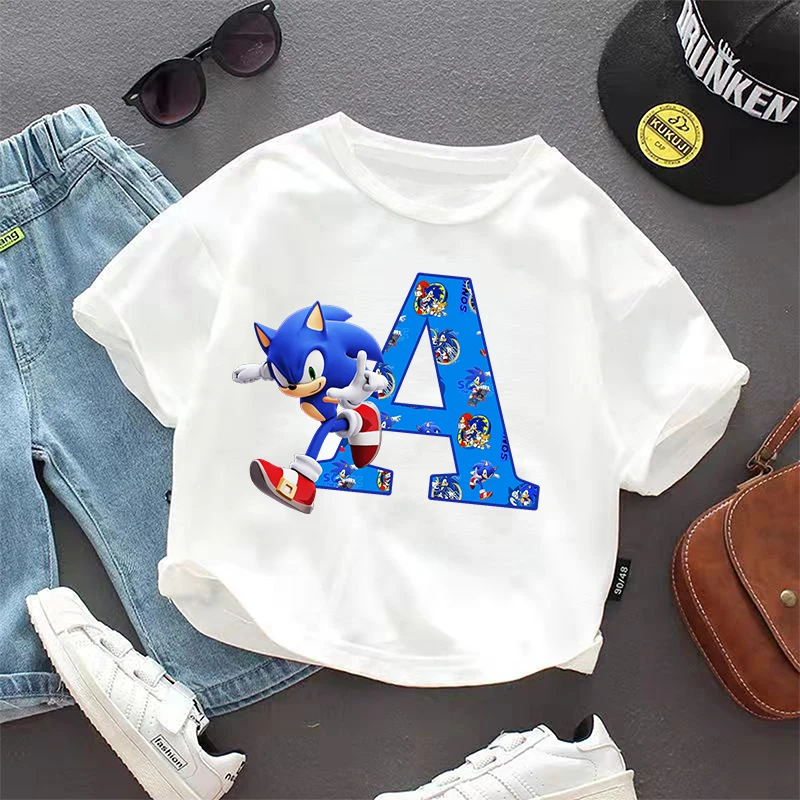 Sonics Child Boys T Shirt Clothes Tops Children's Clothing Cartoon Letter A-Z Summer Cute Cotton Short Sleeve Tee New Kids Gifts