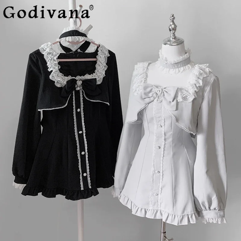 IMU Japanese Mass-Produced Long-Sleeve Dress and Shorts 2-Piece Set Autumn New 2025 Women's Slim Cute Bow Lace Lolita Dress Set