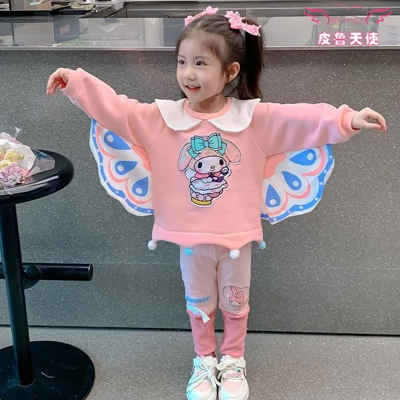 Girls Cinnamoroll Sweatshirt Suit Cartoon Sanrioed Melody Kuromi Kids Wing Tops Cute Leggings Spring Autumn Fashion Kids Clothes