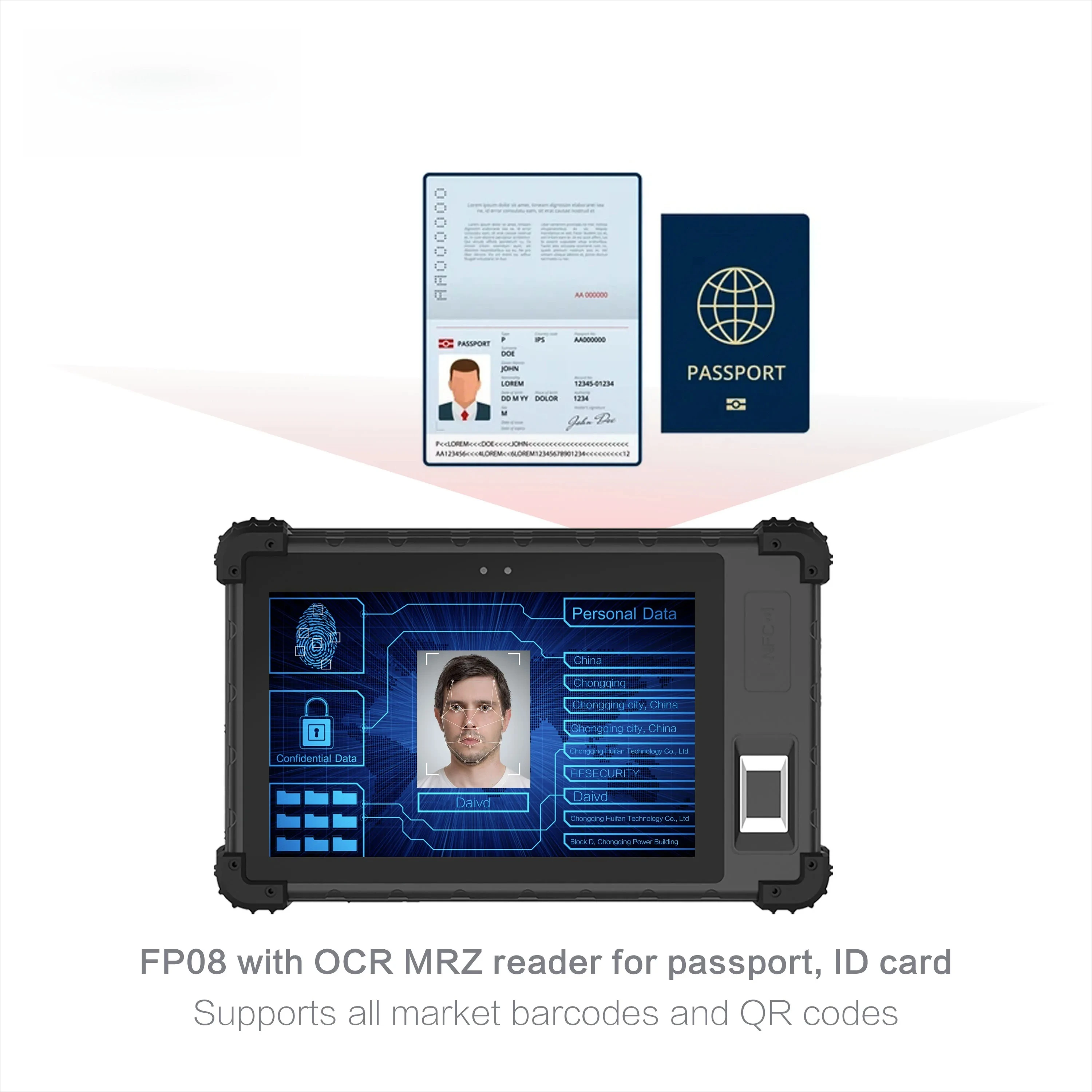HFSecurity FP08 Access Control Android 11 NFC Card Reader IP65 Rugged MRZ Function Fingerprint Recognition Handheld Terminal