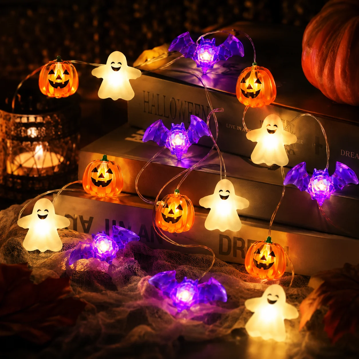 1 Stück 20/30 LED Halloween Kürbis Geist Fledermaus Lichterkette Batteriebetrieben Gruselige Feenlichter für Heimdekoration, Indoor-Party, Festivaldekoration – Detail 2