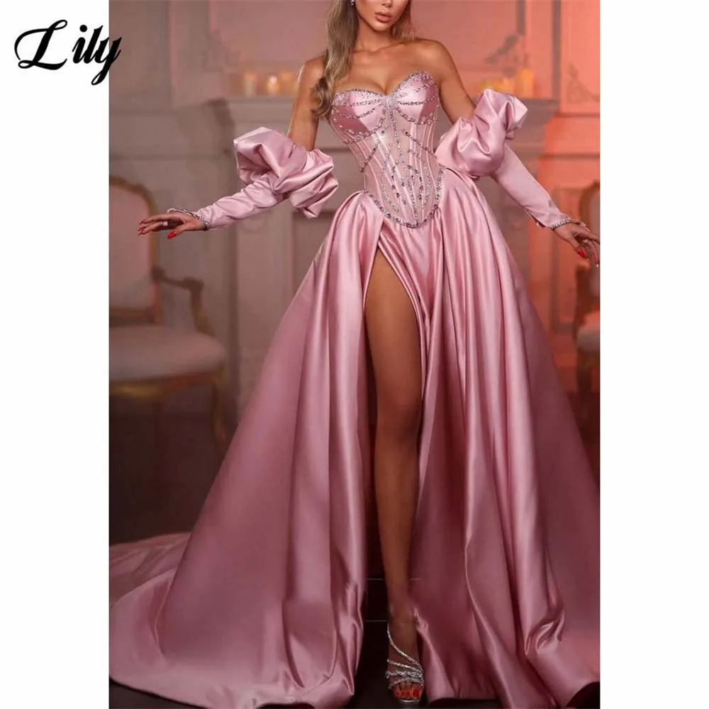 

Lily Dusty Rose Party Dresses Sweetheart Detachable Sleeves Evening Dresses with Crystal فساتين السهرة Customized