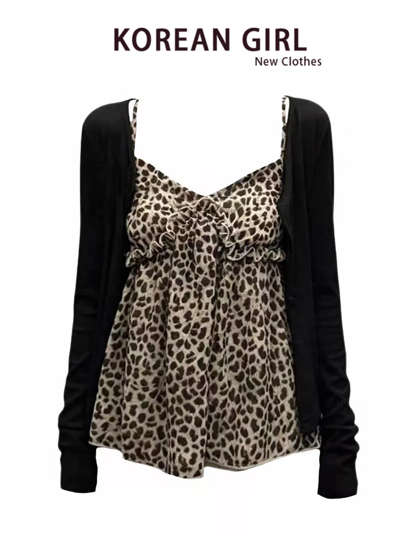 Pure Desire Leopard Print V-Neck Strap Vest Women's Spicy Autumn Outfit Sleeveless Top Cardigan Outerwear Two-Piece Set