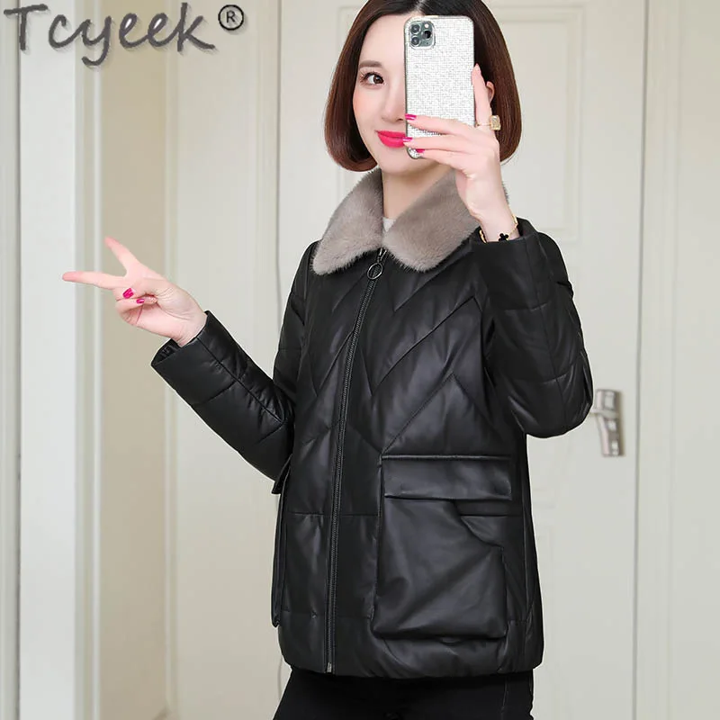 Tcyeek Genuine Leather Down Jacket Women 2024 Winter Jackets Black Sheepskin Coat Woman Clothes Overcoat Warm Mink Fur Collar