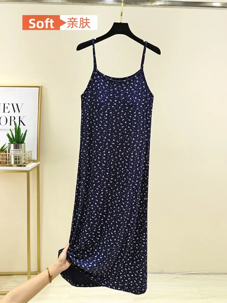 Spódnica midi na ramiączkach z modalu w kwiatowy wzór, damska bielizna, odzież domowa plus size, efekt wyszczuplający, krój A-line, chińska marka.