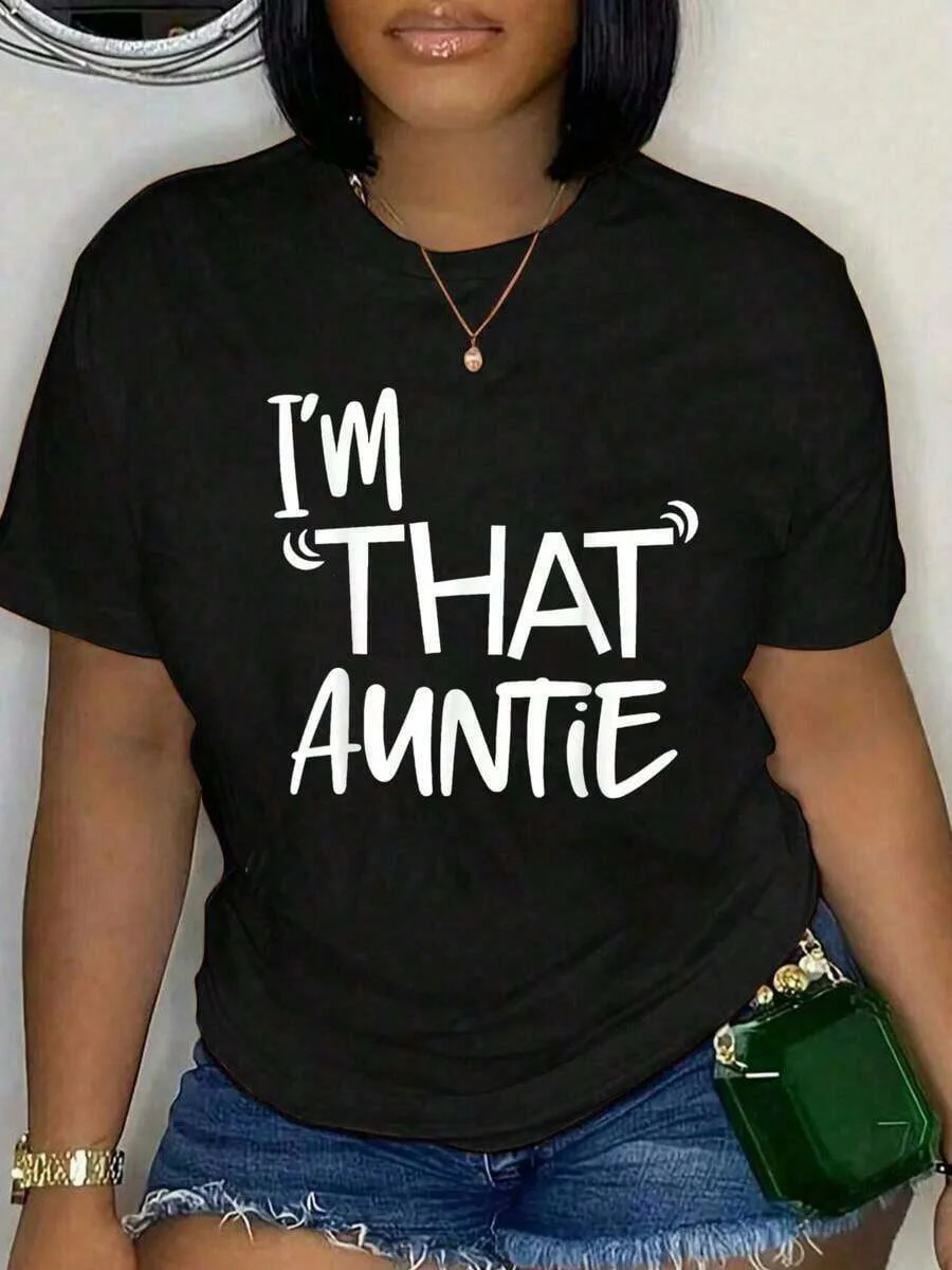 

Plus-size oversize black T-shirt with sassy aunt slogan print, edgy and sexy hot girl style