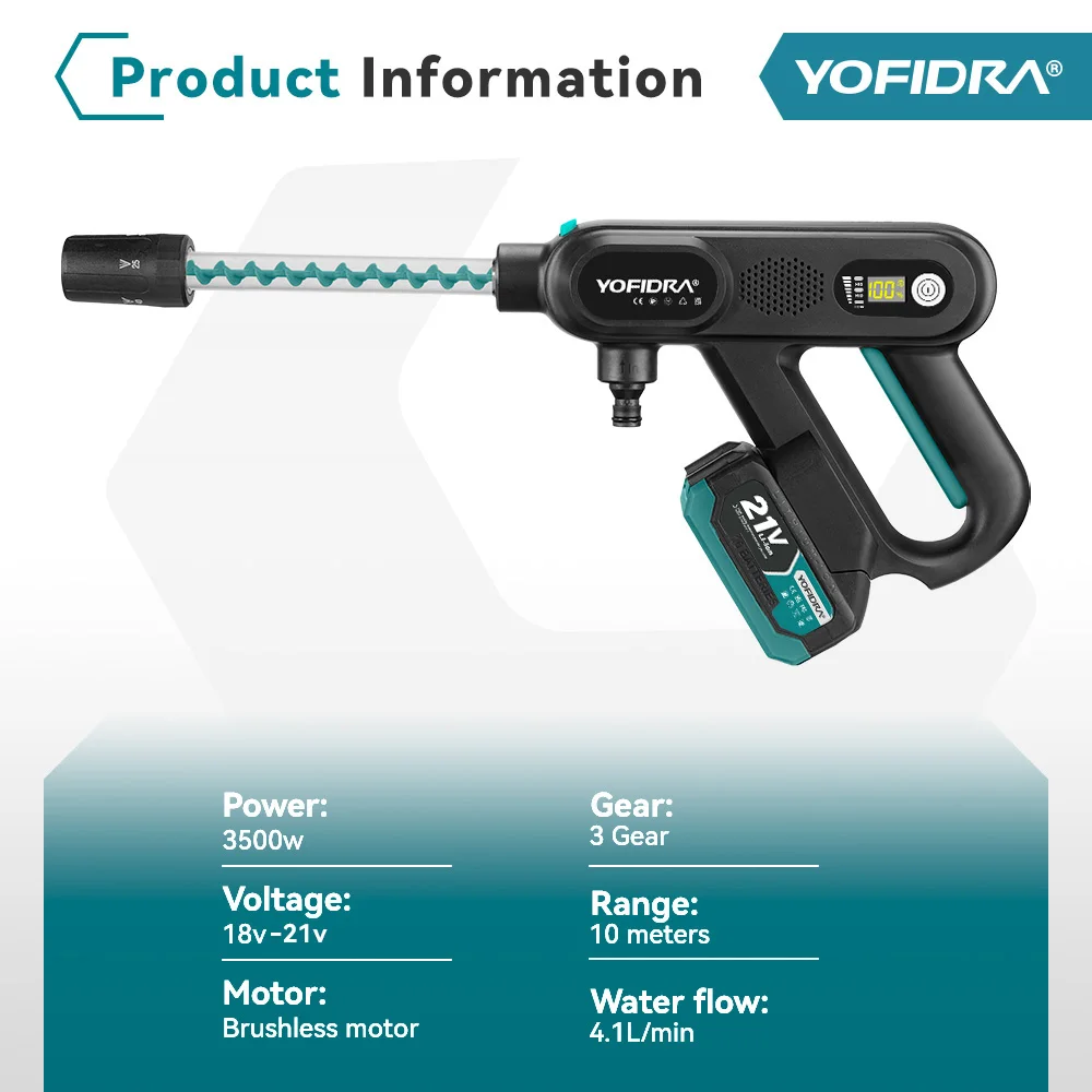 YOFIDRA 220Bar Brushless High Pressure Car Washer Gun 3 Gear Electric Garden Water Wash Spray Gun For Makita 21V Battery Pin