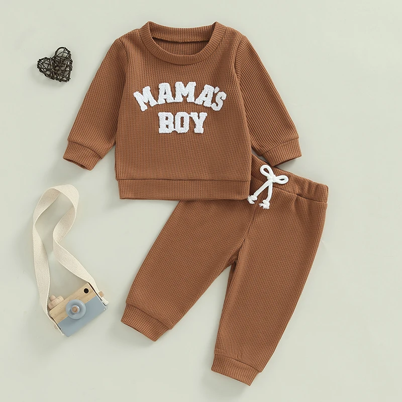 Herbst Baby Kleidung Mamas Junge kleiner Kerl Brief bestickt Langarm Sweatshirt Hosen Waffel Strick Outfit