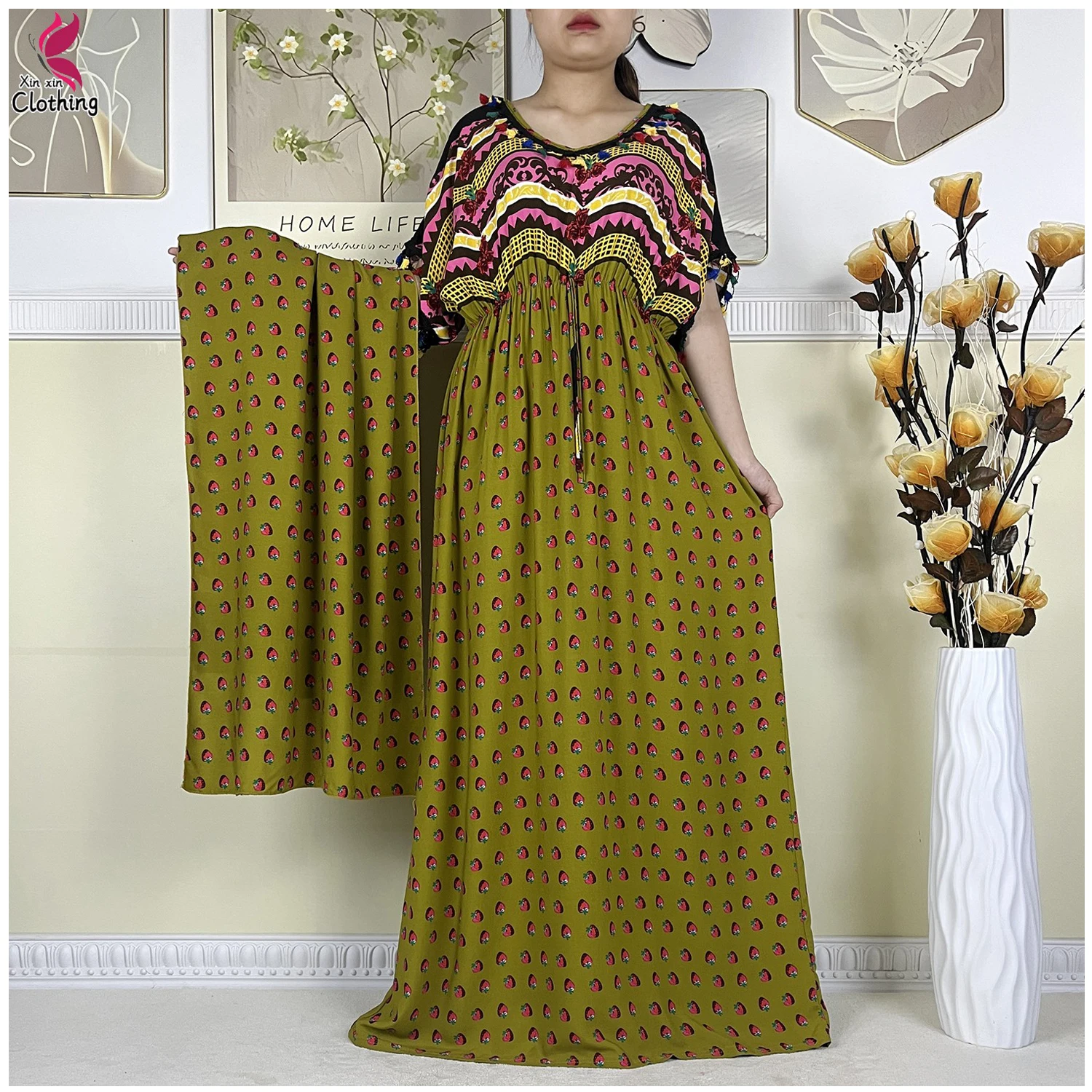 

New African Women Dashiki Cotton Dress Fashion Printing Collect Waist Summer Short Sleeve Islam Boubou Maxi Woman Abaya Clothing