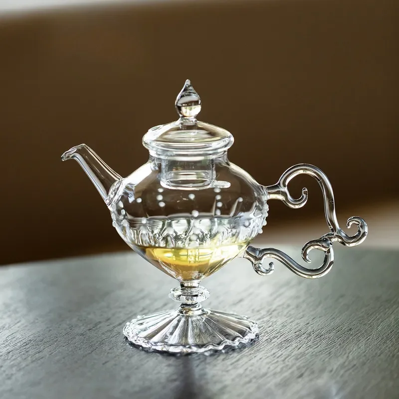 Elegant Morning Dew Glass Teapot High Borosilicate Hand Blown High Footed Design Exquisite Single Pot for Tea Sharing