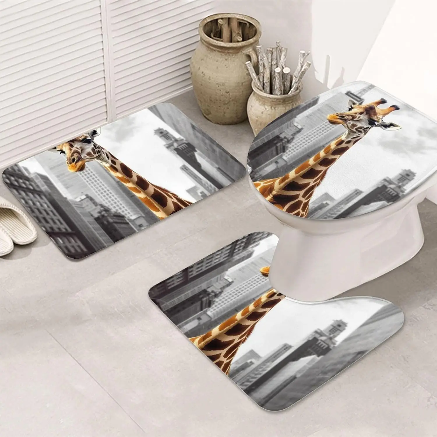 Giraffe in New York Bathroom Rugs Sets 3 Piece, Non Slip Absorbent Bath Rug U-Shaped Contour Toilet Rug with Toilet Cover