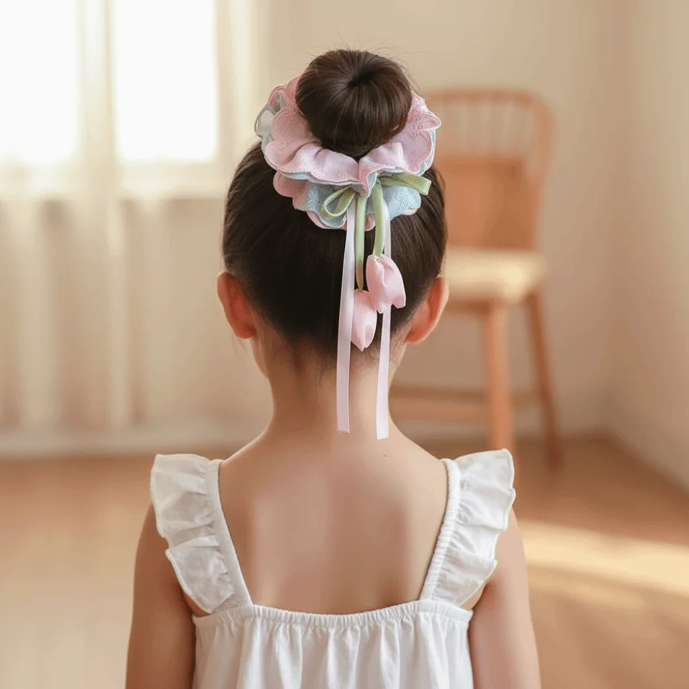 Floral Tulip Hair Scrunchie Multicolor Elastic Ribbon Hair Tie Sweet-style Handmade-feel Bun Maker Photo Props