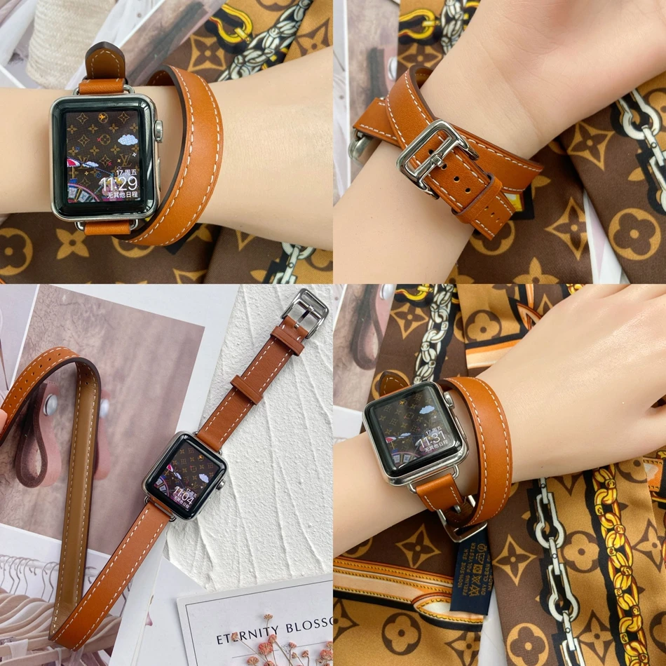 Soft Calfskin Leather Strap For Apple Watch Band 9 8 7 6 5 4 Ultra 2 Double Tour Bracelets Iwatch Series 38mm 40/41mm 49/44/45mm