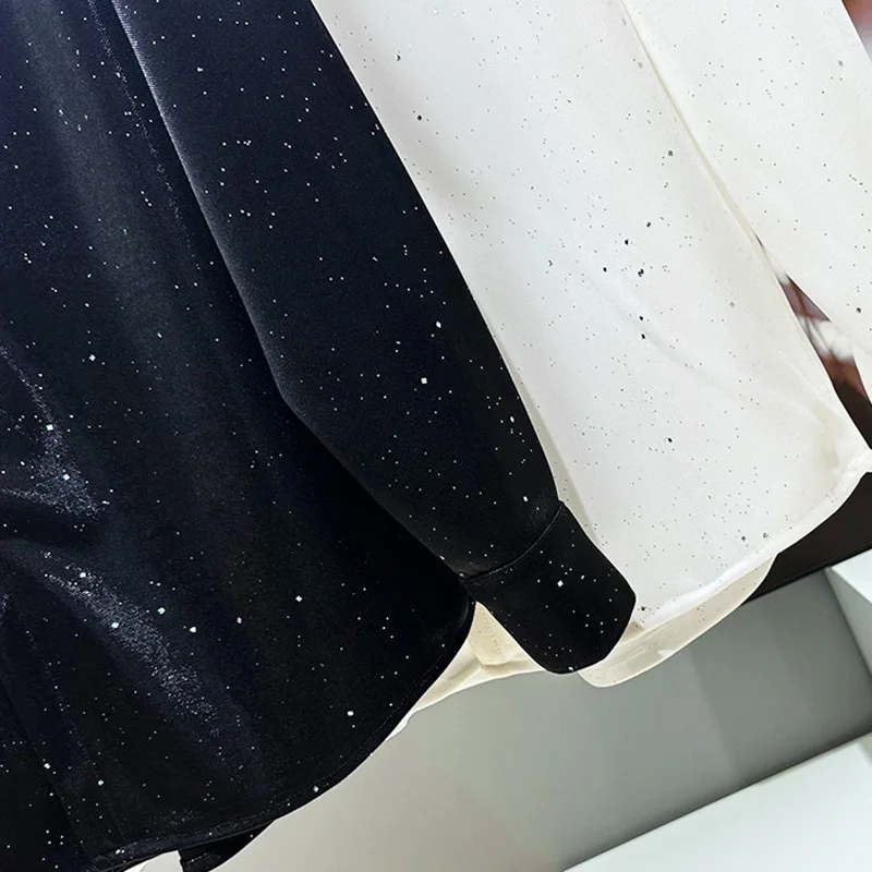 PFHQ جديد قميص رجالي فضفاض الكورية موضة المرصعة بالنجوم الترتر بأكمام طويلة 2025 بدوره إلى أسفل طوق الذكور بلايز موضة جديدة 21E2066 #5