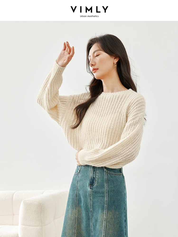 Vimly Wool Blend Apricot Crop Sweater Casual Loose O-neck Long Sleeve Top for Woman 2024 Spring Hollow Out Pullover Women 72739