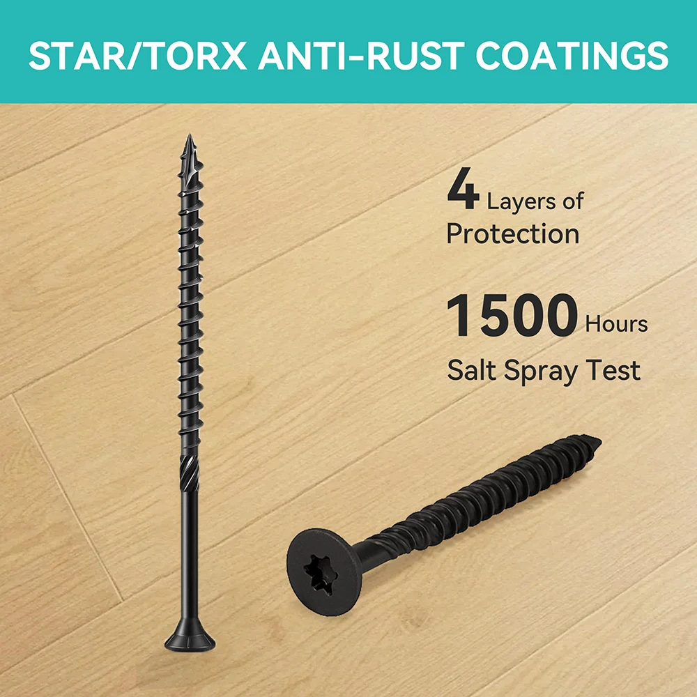 Torx Star Drive Deck Screws Flat Head Countersunk T25 Self Tapping Thread Cut Carbon Steel Exterior Timber Wood Screws Black #8/