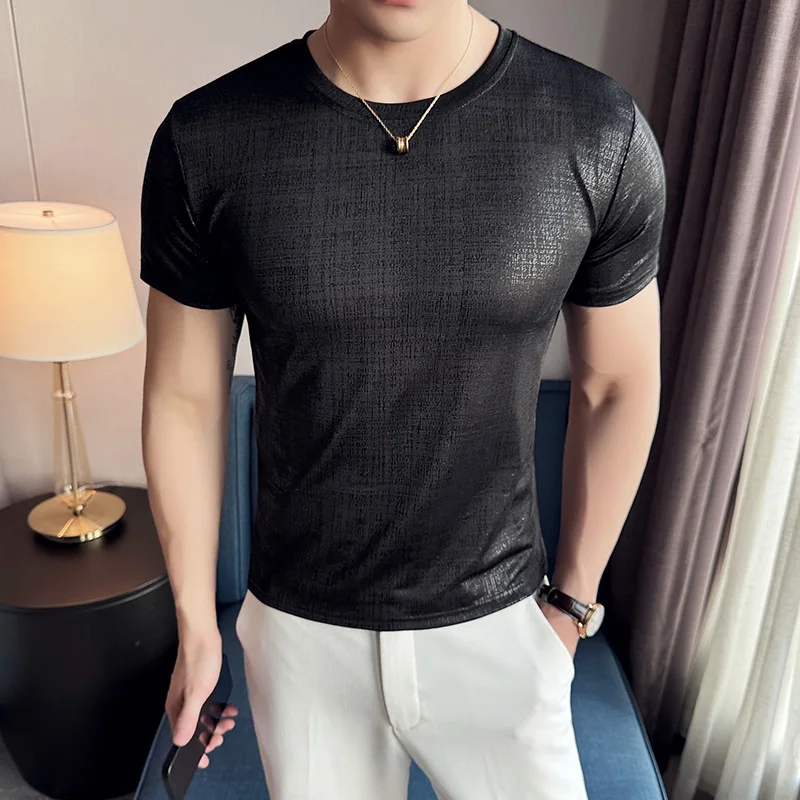 2024 Summer New Bright Glossy Solid Color Slim Fit T Shirts Mens Casual Round Neck Versatile Fitness T-Shirt Top Homme 3XL-M