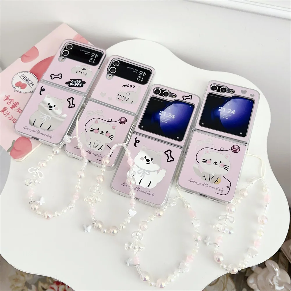 Cute Cartoon Cat Mirror Bracelet Case for Samsung Galaxy Z Flip 6 5 4 3 flip6 Dog Wrist Chain Make Up Shockproof Korean Cover