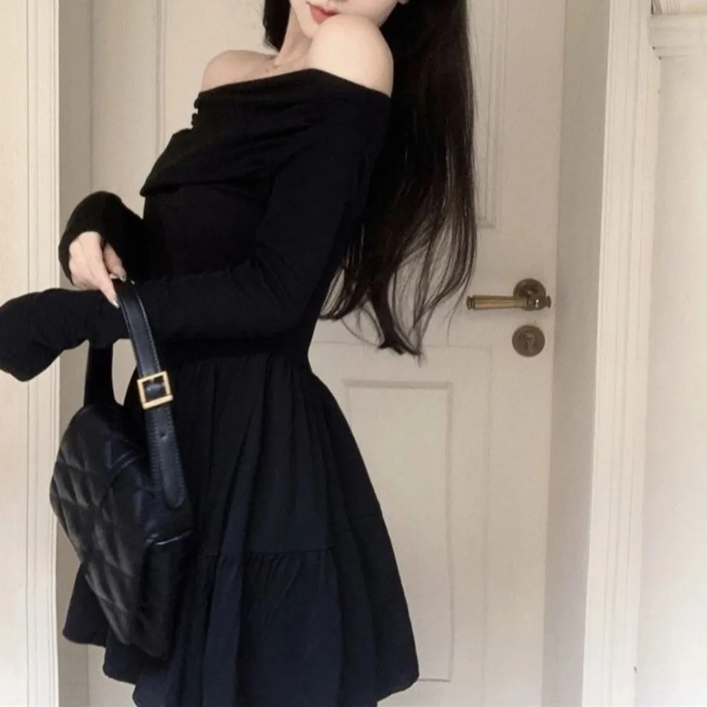 تنورة قصيرة نحيفة بأكمام طويلة فرنسية، مقاس نحيف، خفيفة الوزن، بياقة واحدة، فستان كوري أنيق للترفيه على شكل حرف A، تنورة قصيرة للحفلات #5