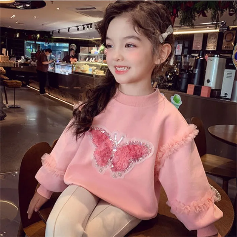 

Girls' 2025 New Spring/Autumn Long Sleeve Artisanal Butterfly Korean Style Stylish Mid-Big Kids Sweatshirt