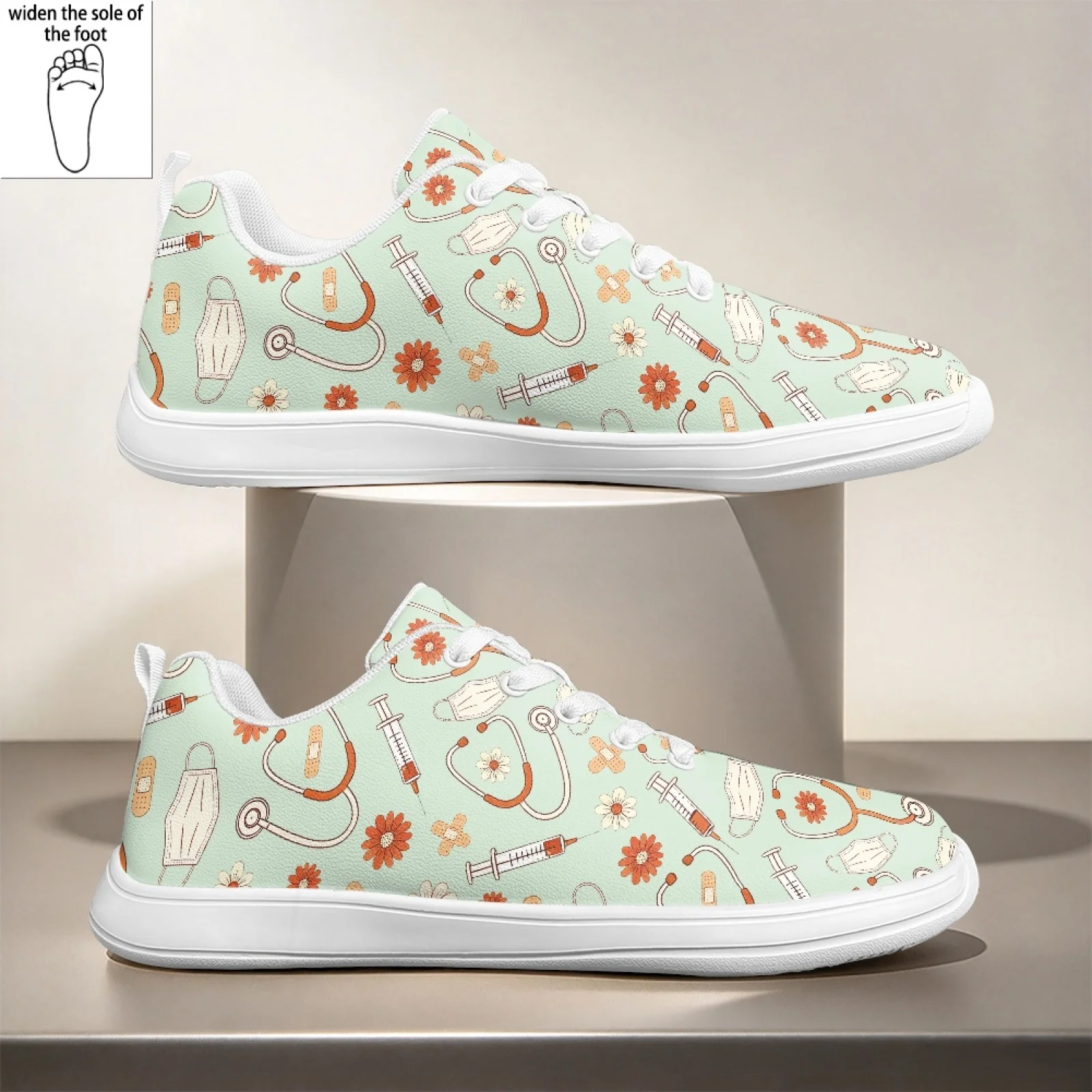 PENSTROLL Floral Medical Print Wide Width Work Sneakers for Women Hospital Standing Wipeable Nurse Shoes