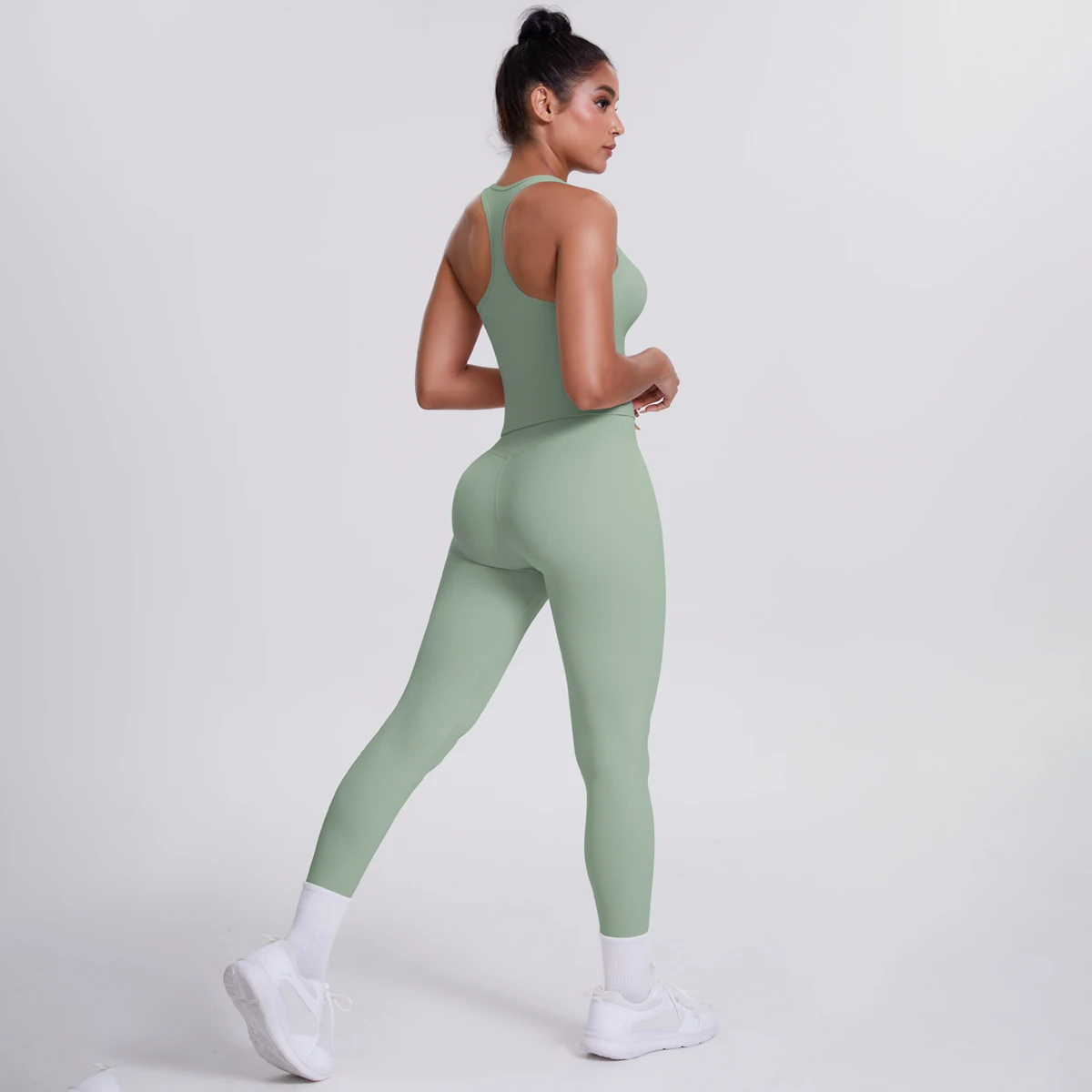 Hamidou 2-teiliges Damen-Yoga-Set, schnell trocknende, hüftformende Fitnesshose, Yoga-Leggings, einfarbig, Gym, schöner Rücken, I-förmige Weste – Detail 29