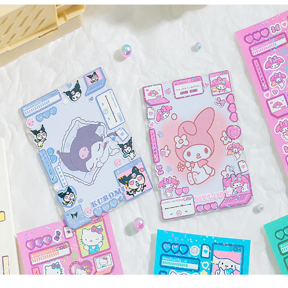 6PCS/set Sanrio Laser Fine Flash Series Hello Kitty Melody Kuromi Cute DIY Stickers Hand Ledger Cartoon Decorations