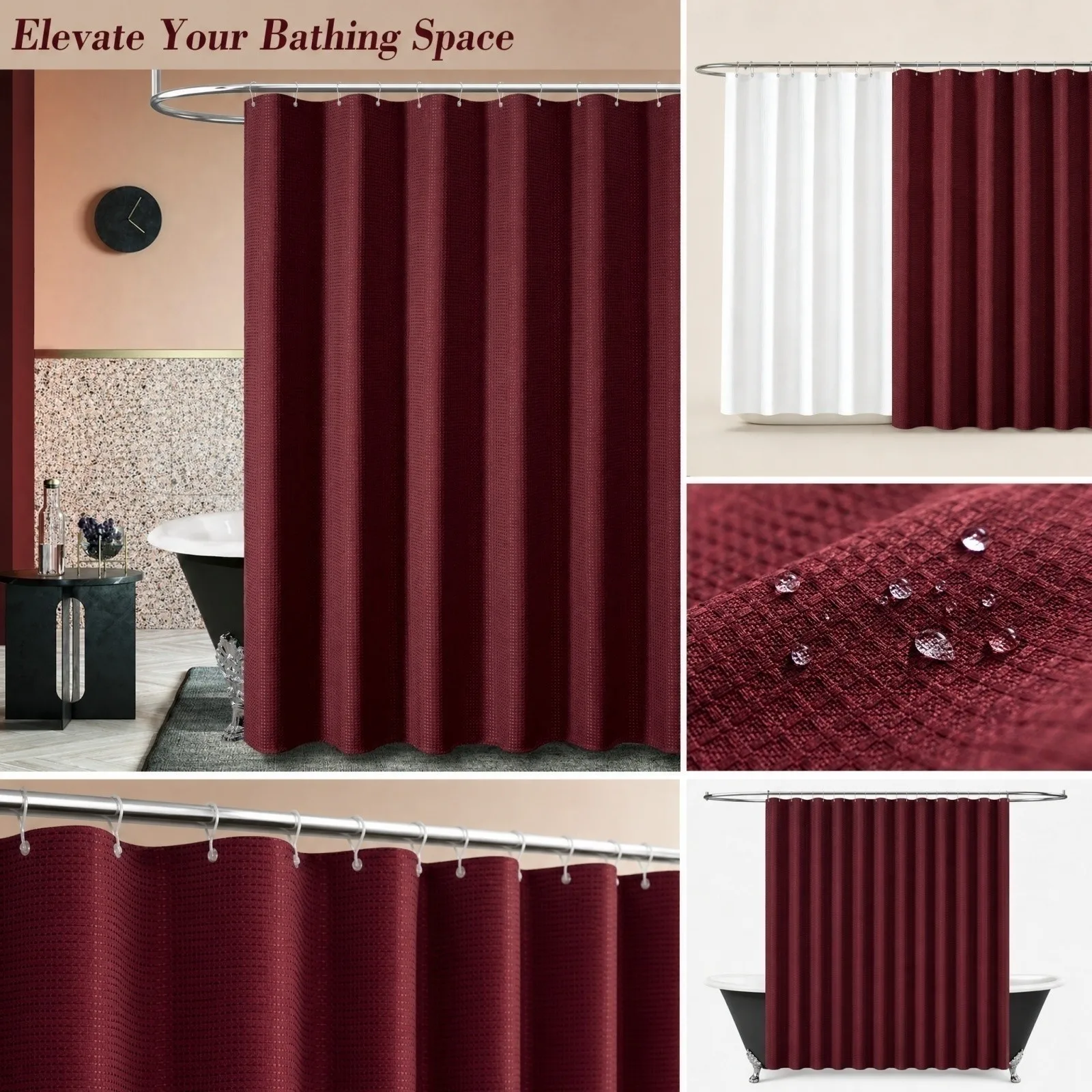 1 Pc Wine Red Weave Shower Curtain with 12 Hooks, Waterproof Waffle Shower Curtain, Solid Color Shading Curtain for Bathroom