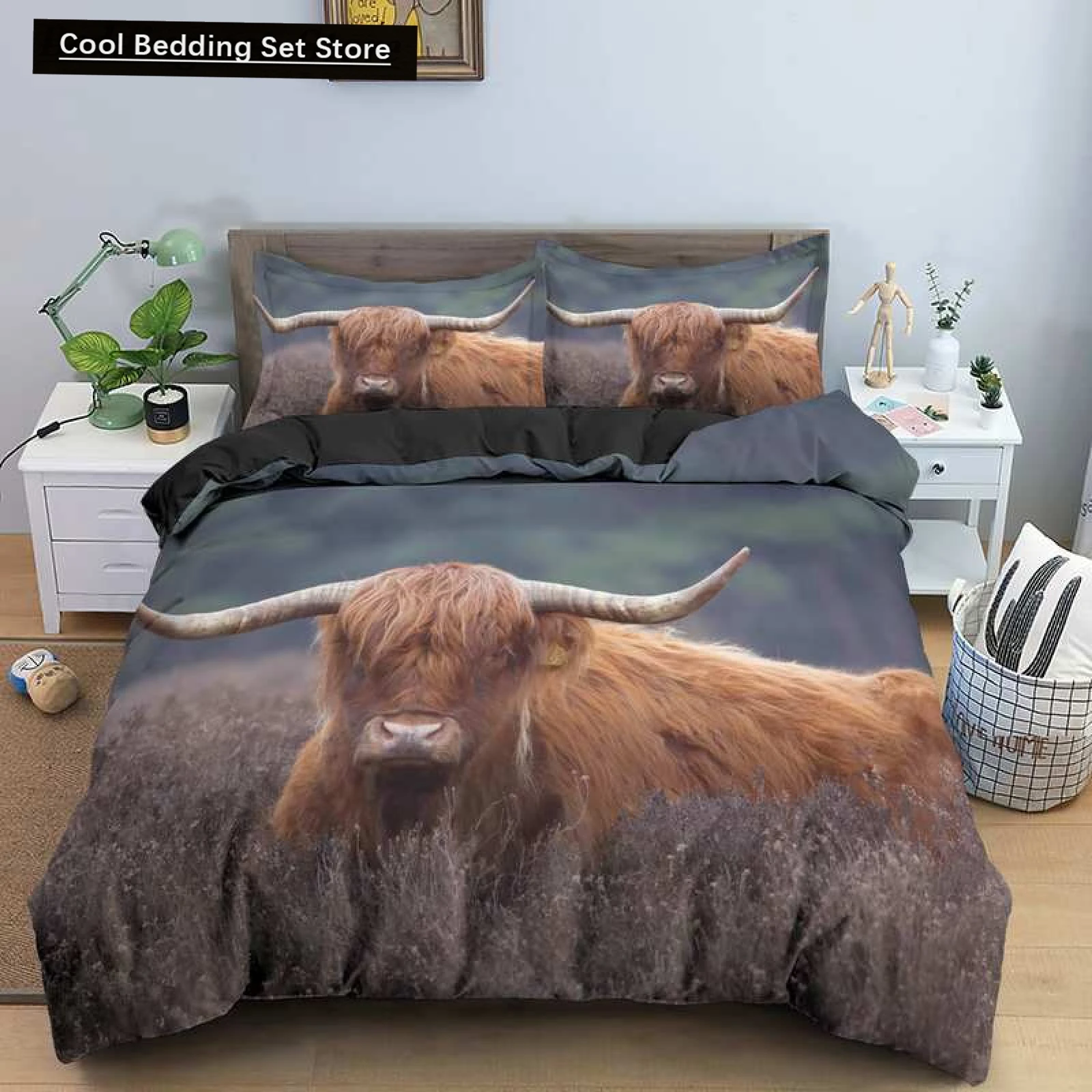 Highland Cow King Queen Duvet Cover Bull Bedding Set for Adults Cattle 2/3pcs Quilt Cover Farm Animal Polyester Comforter Cover