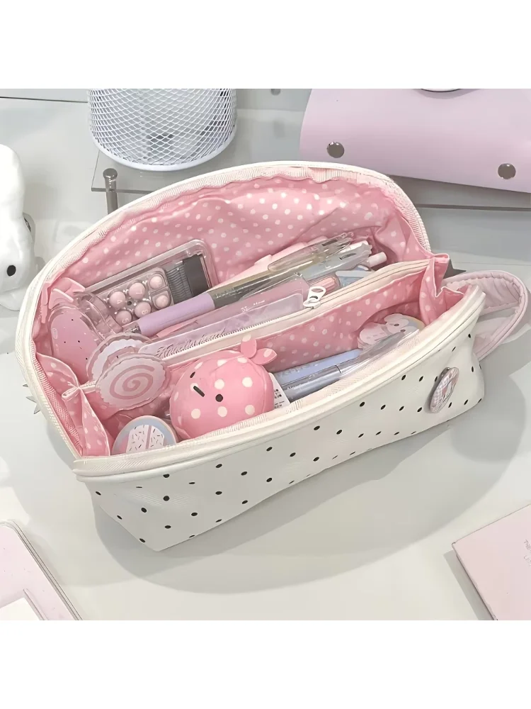 Kawaii Polka Dot Seashell Pencil Case Large Capacity Multi Compartment Pen Pouch Stationery Organizer Bag Students School Travel
