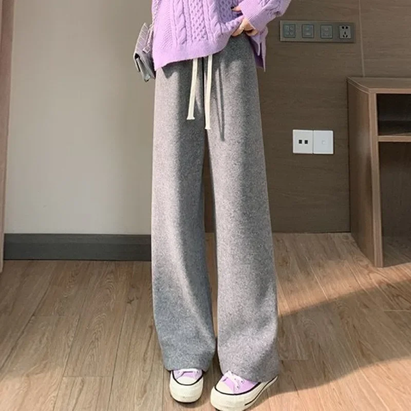 Knitting Casual Pants Women Preppy Style All-match Autumn High Waist Straight Wide Leg Pant Female Streetwear Comfortable Chic