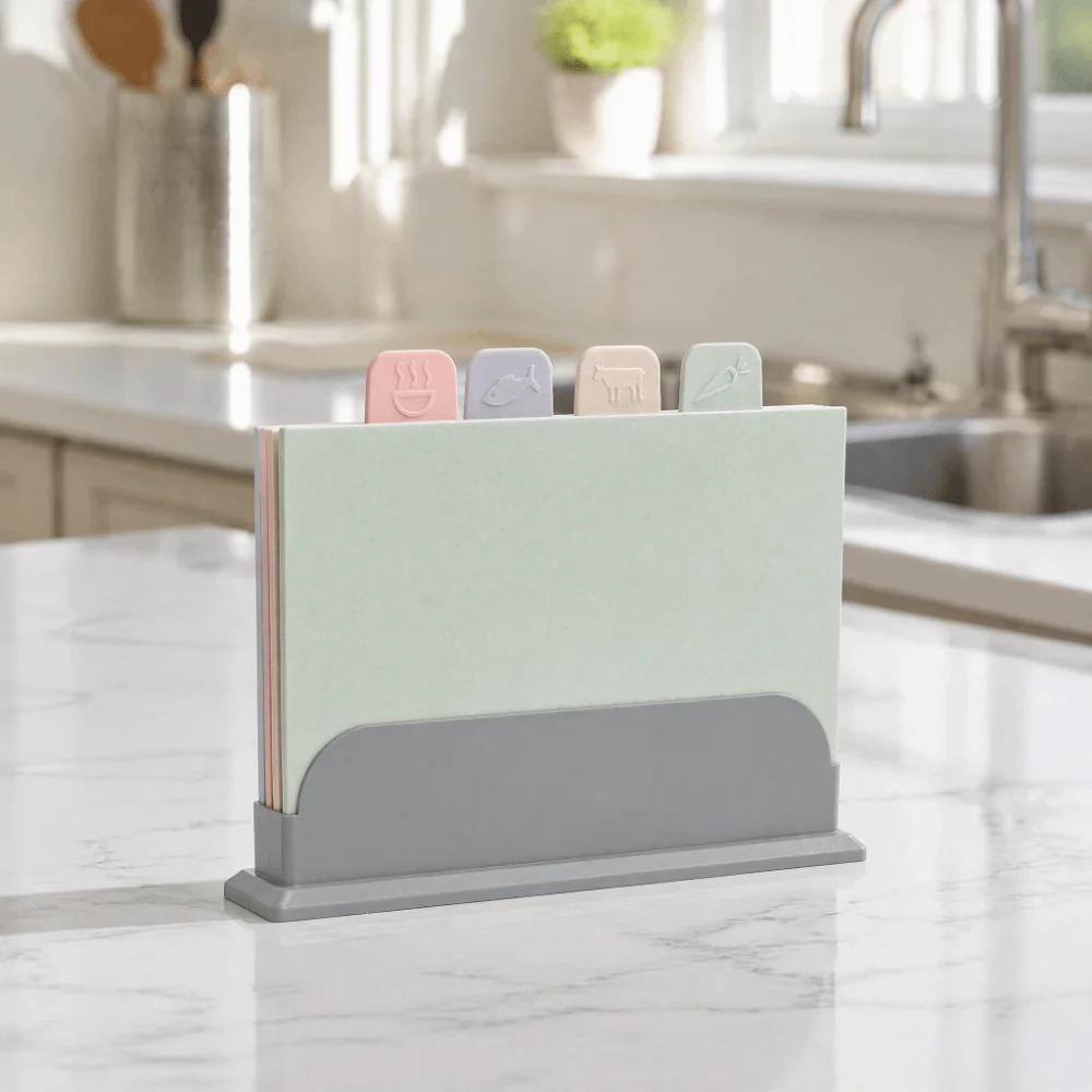 4pcs Plastic Cutting Boards Colorful with Holder Chopping Board Set Double Sided Use Food Icons Color Coded Cutting Boards