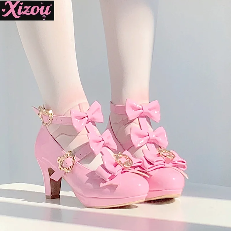 

Japanese Original Ji Series Pointed High Heels Lolita Bow Women's Love Buckle Shoes Japanese Ancient Flavor Lo Shoes for Women