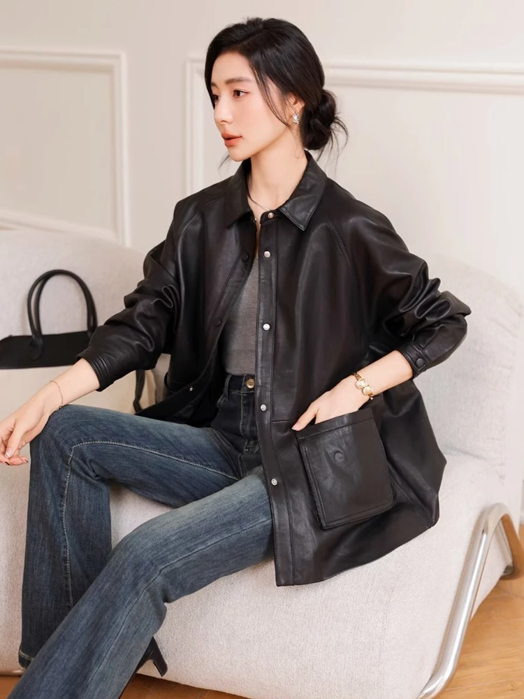 Casual Oversize Genuine Leather Shirt Jackets for Women Spring Autumn 2025 New High-end Simple Soft Black Real Sheepskin Coat