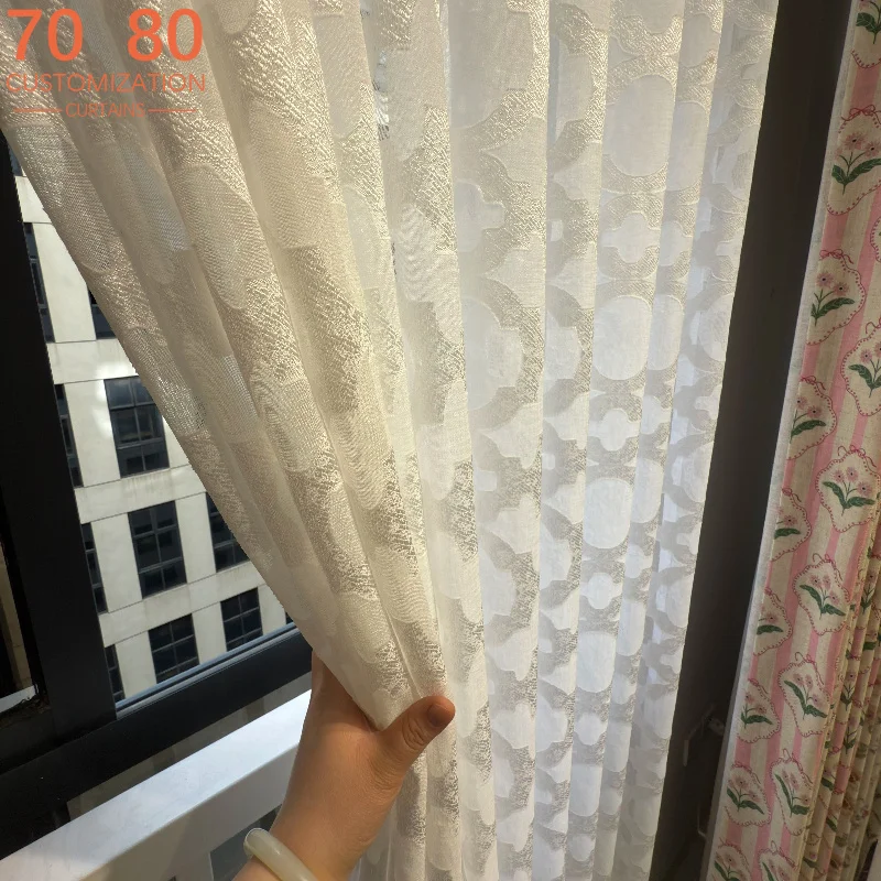 New Cotton and Linen Jacquard White Yarn Embroidered Window Screen Living Room Balcony Bedroom French Window Customized