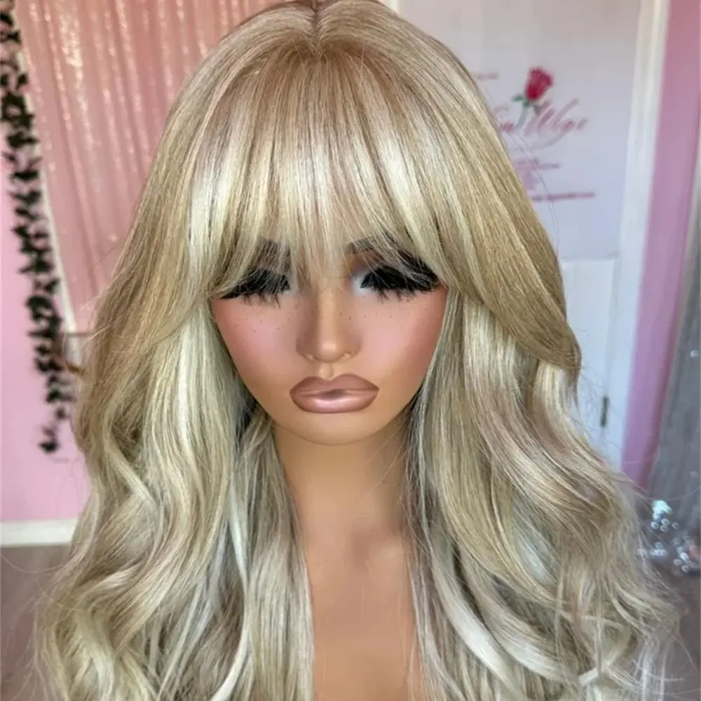 26 Inch HD Lace Front Glueless Wig with Bangs Luxury Synthetic Human Hair Blended Fiber Heat Resistant Wavy Fringe Wig for Women