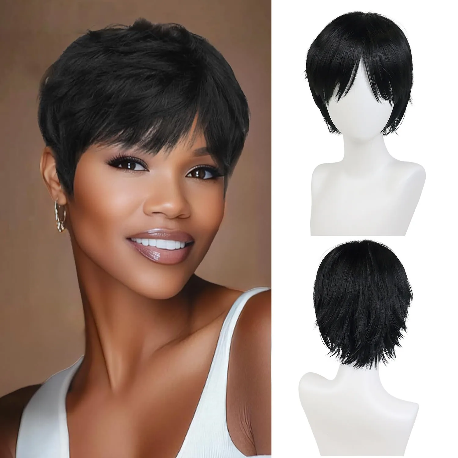 

Short Pixie Cut Wig Synthetic Hair Wigs for Black Women with Bangs Natural Black Wig Layered Wavy Style Short Wigs for Women