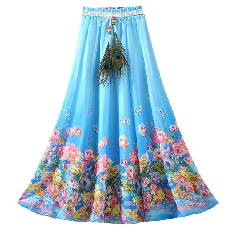 Blue Seabed Rose Peony Bohemia Mother Summer Long-skirts Chiffon Flower Harajuku Peacock Feather Elastic Waist Woman's Skirt