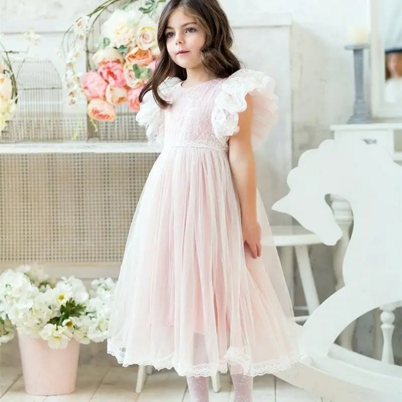 

New Peach Pink Flower Girls Dresses For Wedding Beading Backless Girl Birthday Party Evening Dress Tulle Princess Ball Gown