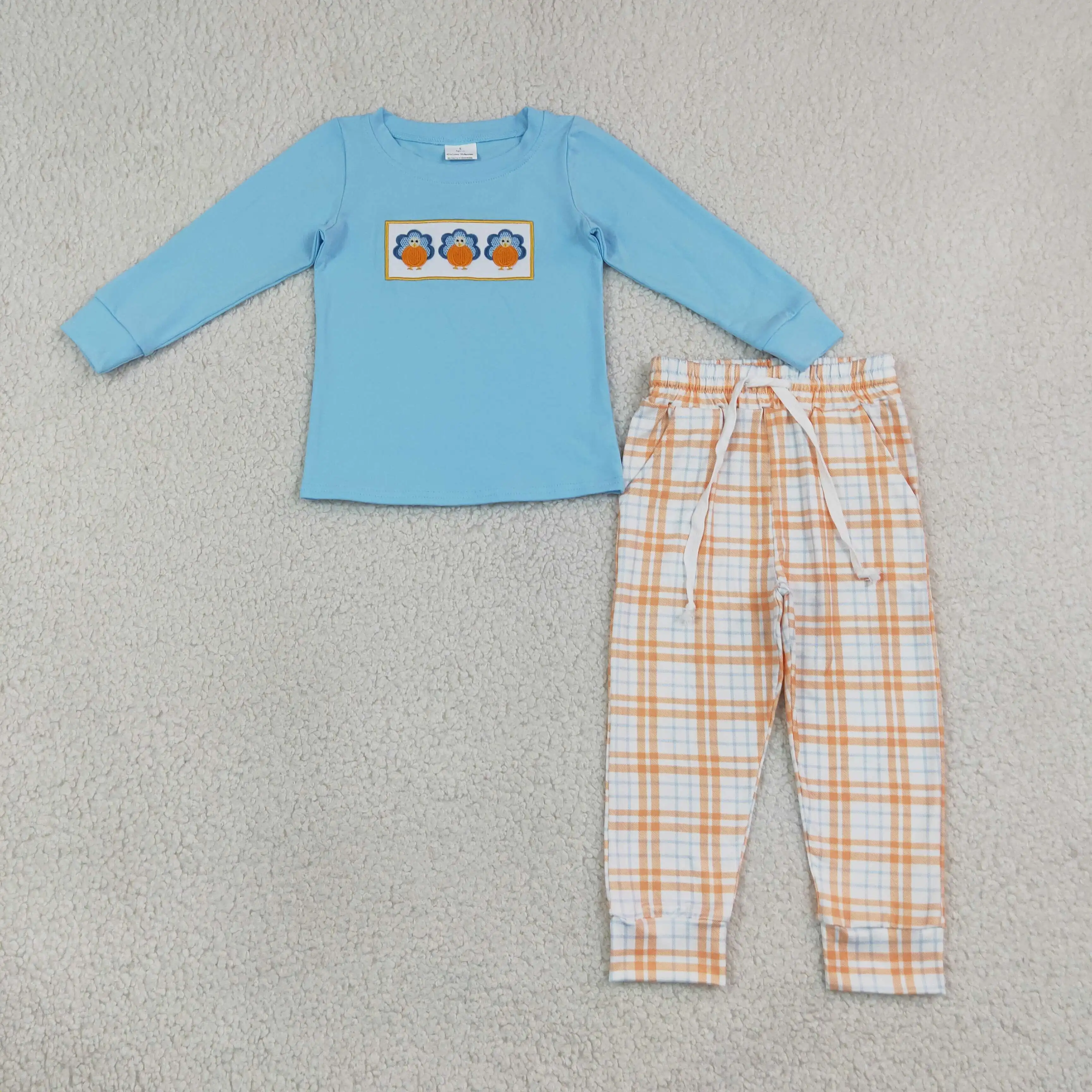 Wholesale Boy Thanksgiving Embroidery turkey Pumpkins Shirt Children Pockets Pants Fall Set Toddler Baby Kids Outfit Clothes