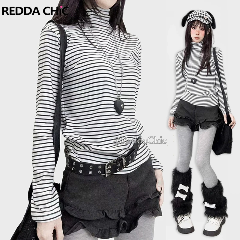 

REDDACHiC Grunge Striped Women's T-shirt Autumn Thin Contrast Black White Long Sleeves Turtleneck Pullover Tee Top Acubi Fashion