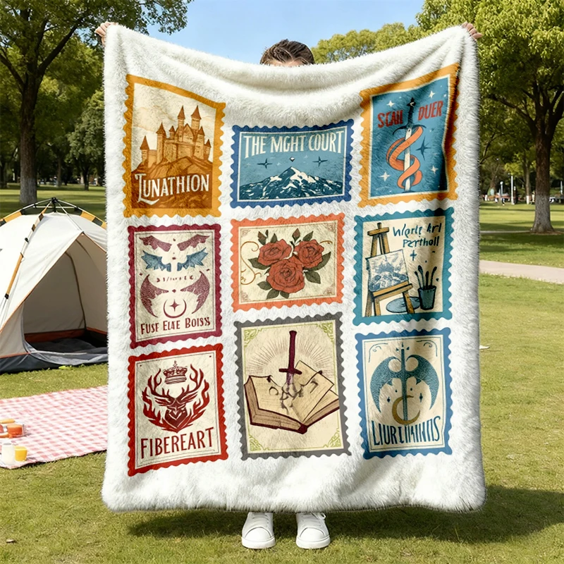 SJM Books Stamp Flannel Blanket, ACOTAR tog Crescent City Flannel Throw For Bookish Fan, SJM Postage Stamp Cozy Blanket