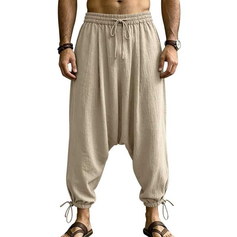 Summer Men's Linen Hanging Crotch Harlan Leggings Wide-leg Trousers Men
